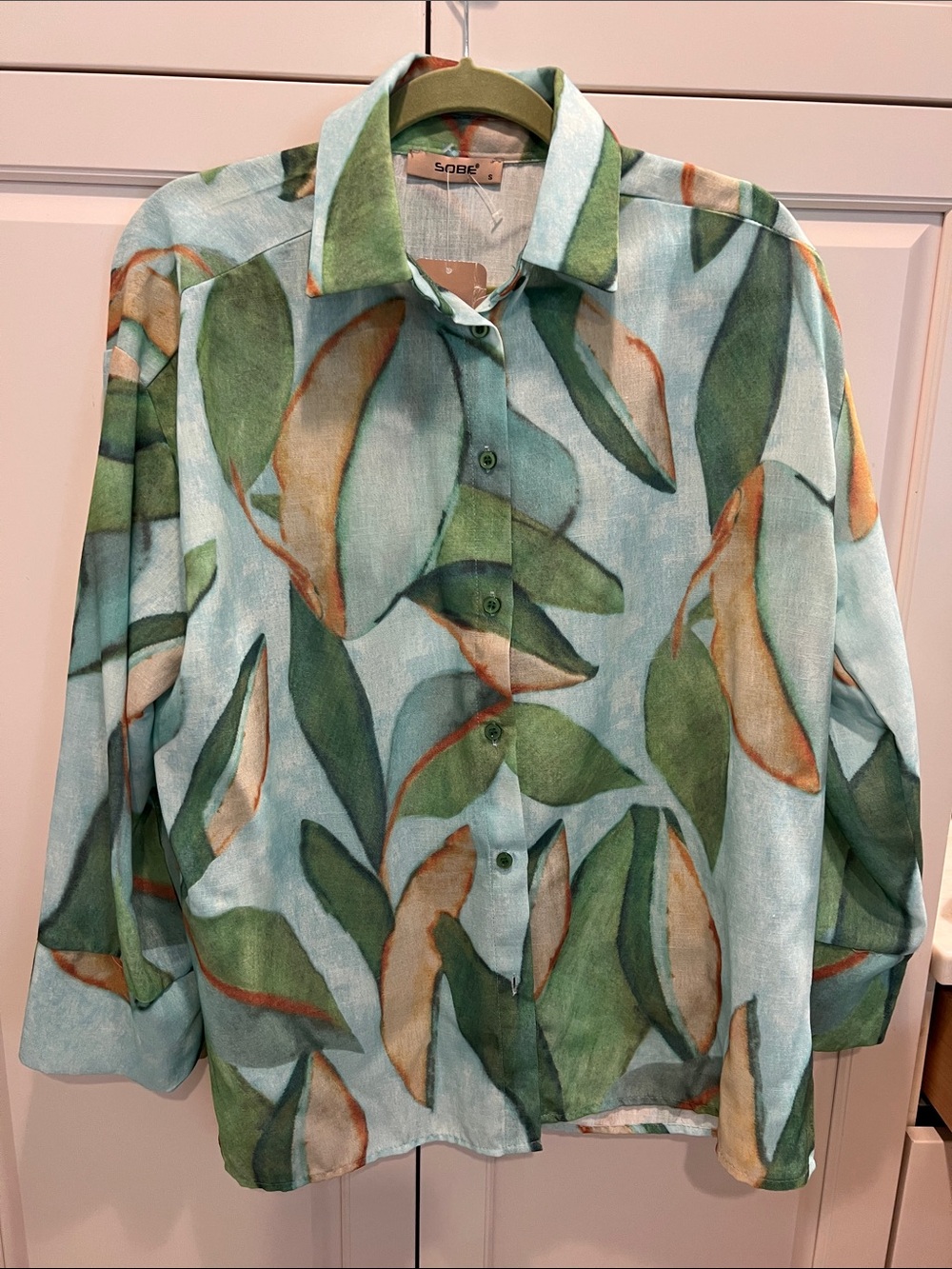 Sabe Printed Leaf Button-Up Shirt in Aqua & Green with matching pants 🆕 sz S